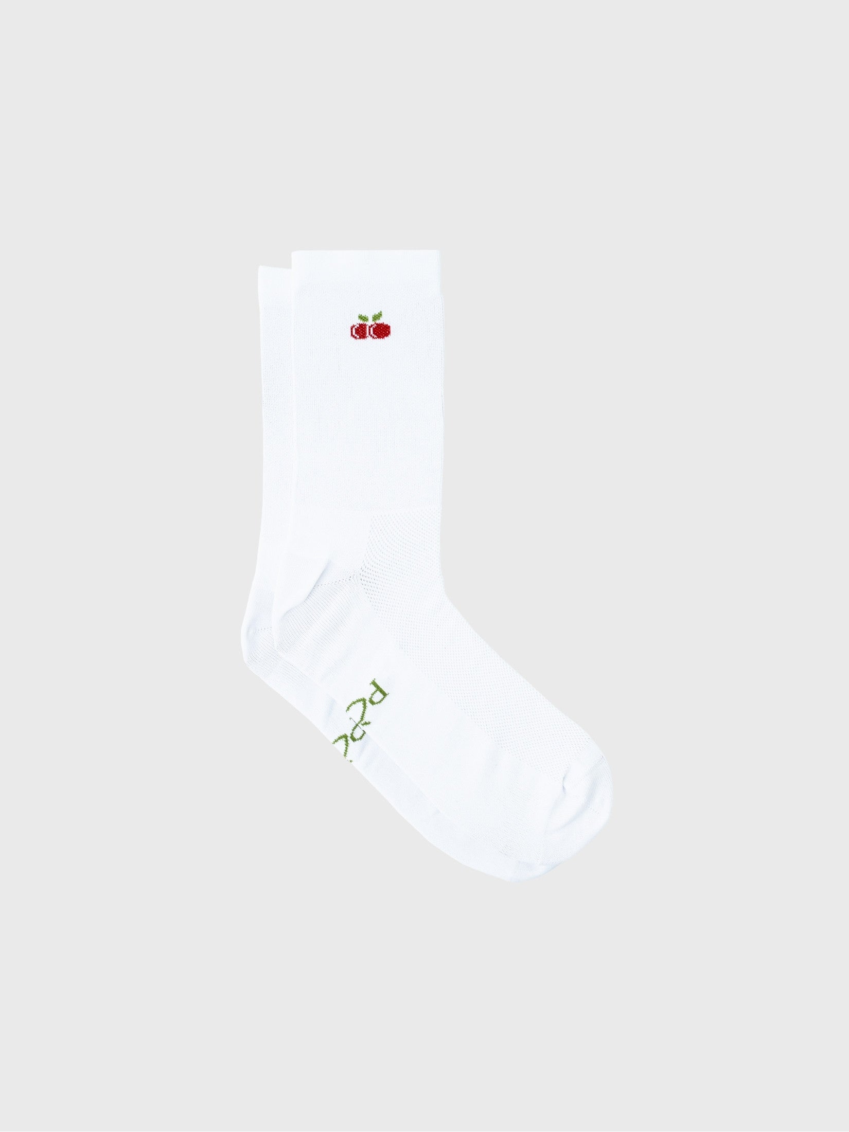 Flat lay view of white Q-Skin polyamide cycling socks with embroidered-style cherry fruit logo.
