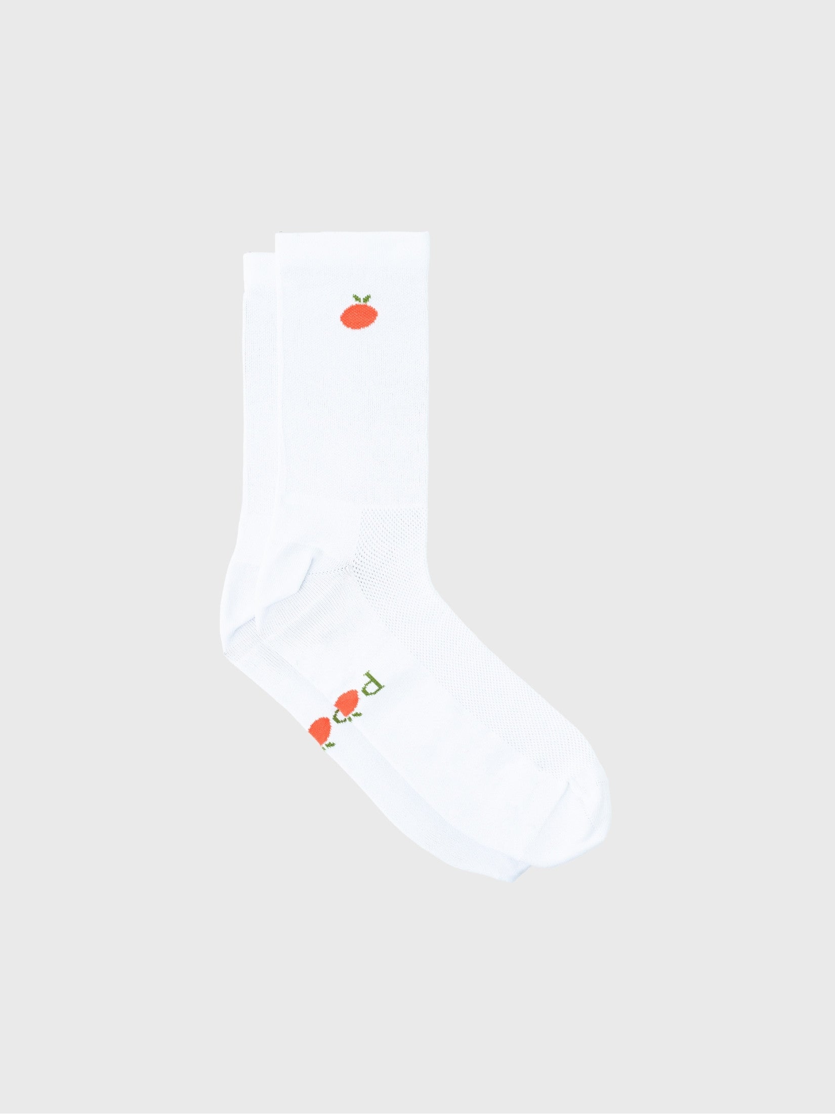 POP Cycling Co. Fruity White Socks - High Compression Cycling Socks pair laid flat showing Q-Skin polyamide fabric, orange fruit logo, and sole branding.