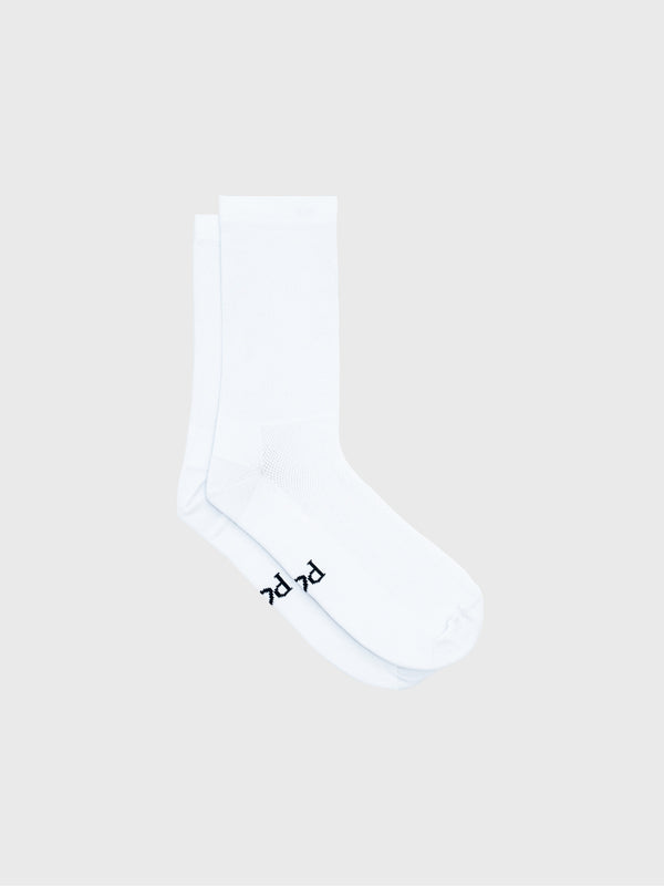 Plain white cycling socks with no logos. Minimalist unbranded design with high compression fit and 18cm cuff for a clean pro look.